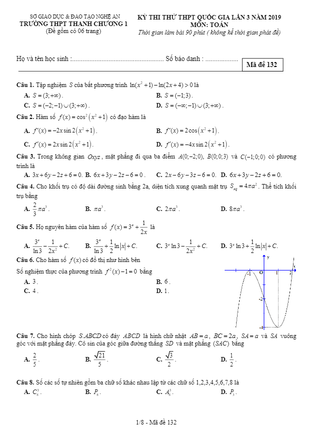 đề thi thử toán thptqg lần 3 năm 2019 trường thanh chương 1 – nghệ an