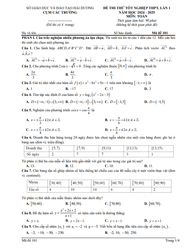 đề thi thử toán tốt nghiệp thpt 2025 lần 1 cụm các trường thpt – hải dương
