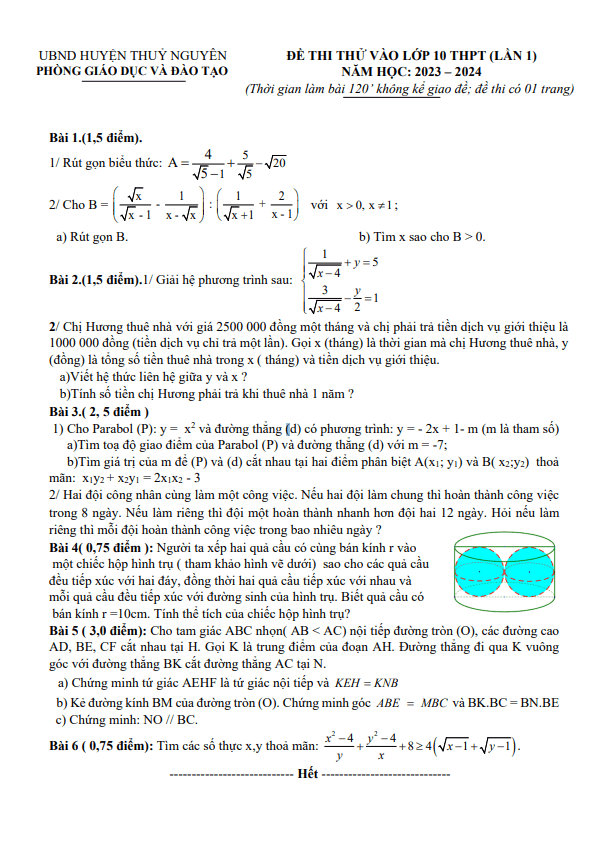 đề thi thử toán vào 10 lần 1 năm 2023 – 2024 phòng gd&đt thủy nguyên – hải phòng