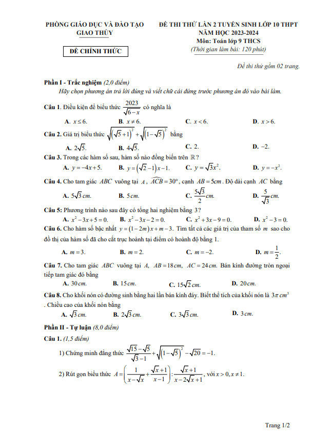 đề thi thử toán vào 10 lần 2 năm 2023 – 2024 phòng gd&đt giao thuỷ – nam định