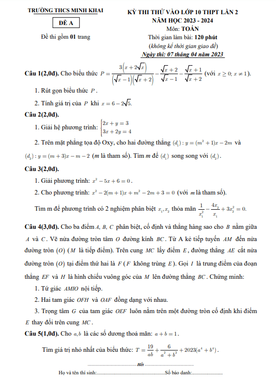 đề thi thử toán vào lớp 10 lần 2 năm 2023 – 2024 trường thcs minh khai – hà nội
