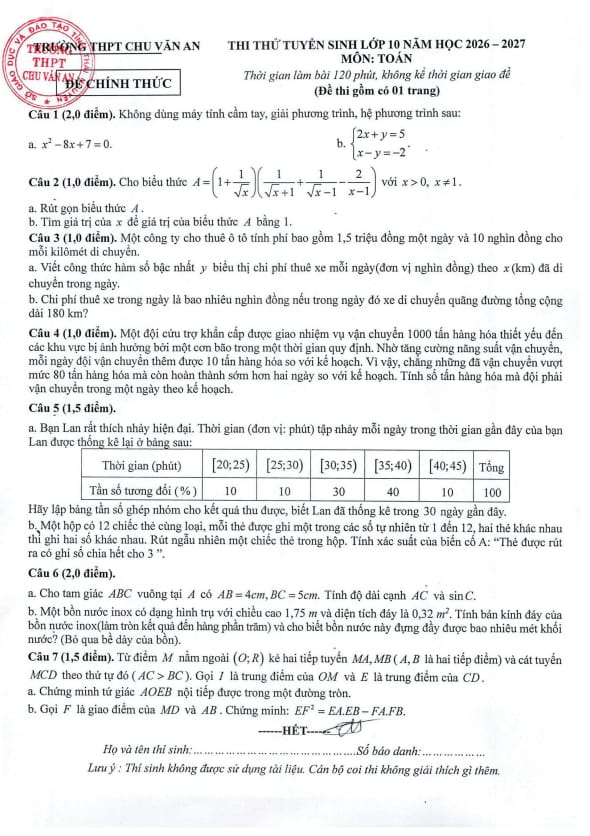 đề thi thử toán vào lớp 10 lần 2 năm 2026 – 2027 trường chu văn an – thái nguyên