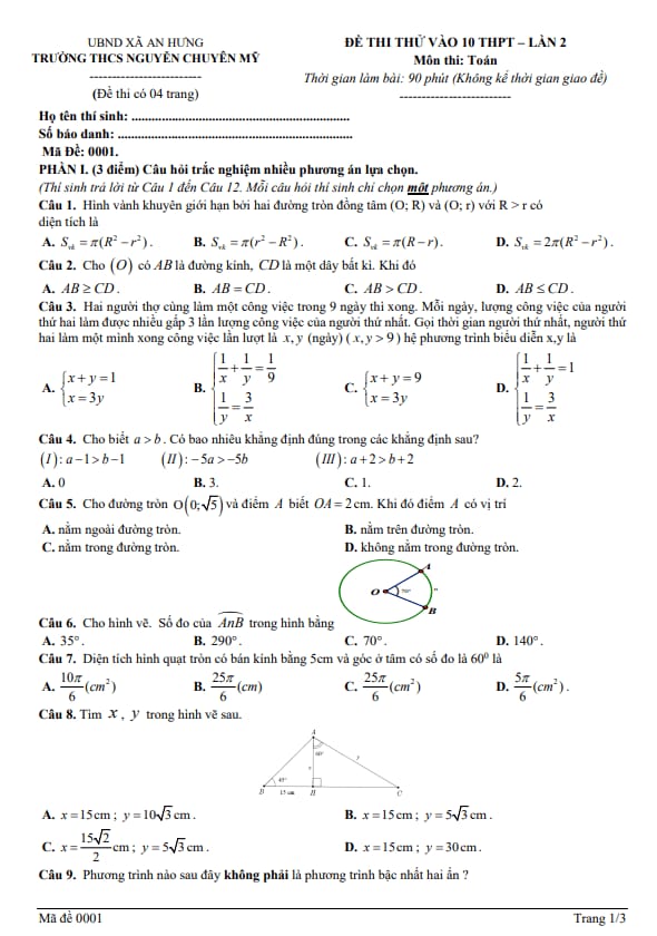 đề thi thử toán vào lớp 10 lần 2 năm 2026 – 2027 trường nguyễn chuyên mỹ – hải phòng