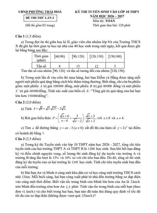 đề thi thử toán vào lớp 10 lần 2 năm 2026 – 2027 trường thcs hòa hiếu 2 – nghệ an