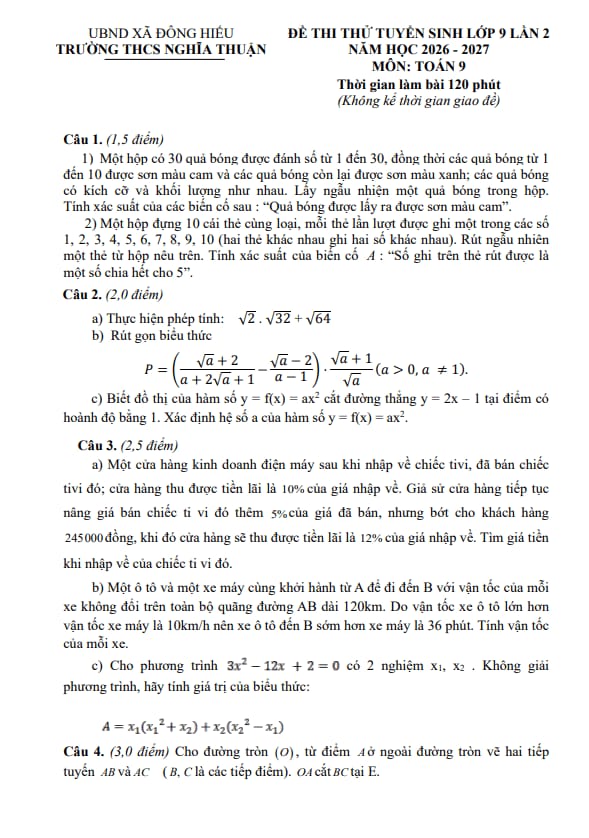 đề thi thử toán vào lớp 10 lần 2 năm 2026 – 2027 trường thcs nghĩa thuận – nghệ an