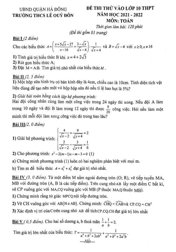 đề thi thử toán vào lớp 10 năm 2021 – 2022 trường thcs lê quý đôn – hà nội