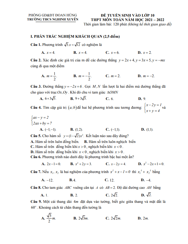 đề thi thử toán vào lớp 10 năm 2021 – 2022 trường thcs nghinh xuyên – phú thọ