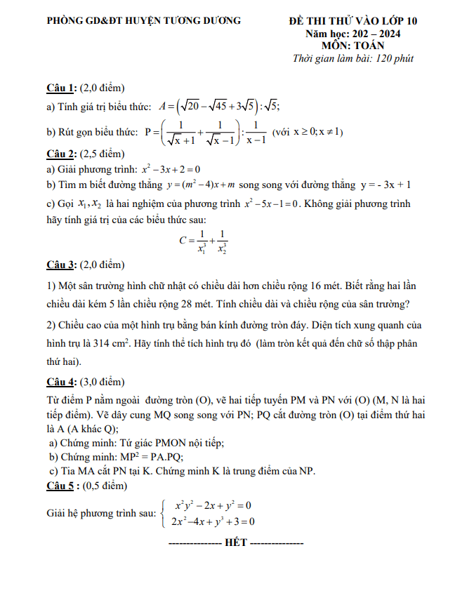 đề thi thử toán vào lớp 10 năm 2023 – 2024 phòng gd&đt tương dương – nghệ an