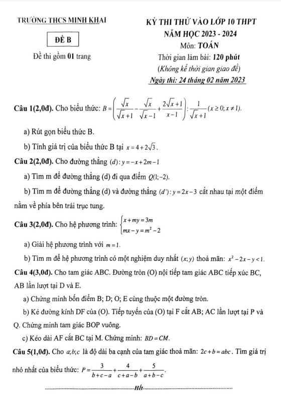 đề thi thử toán vào lớp 10 năm 2023 – 2024 trường thcs minh khai – hà nội