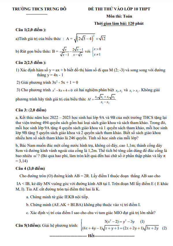 đề thi thử toán vào lớp 10 năm 2023 – 2024 trường thcs trung đô – nghệ an
