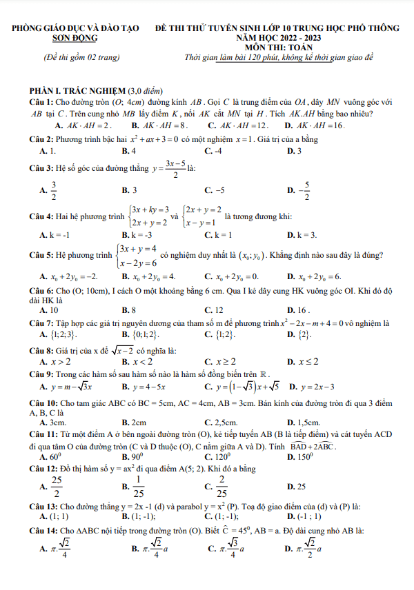 đề thi thử toán vào lớp 10 năm 2023 phòng gd&đt sơn động – bắc giang