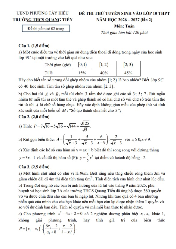đề thi thử toán vào lớp 10 năm 2026 – 2027 lần 2 trường thcs quang tiến – nghệ an