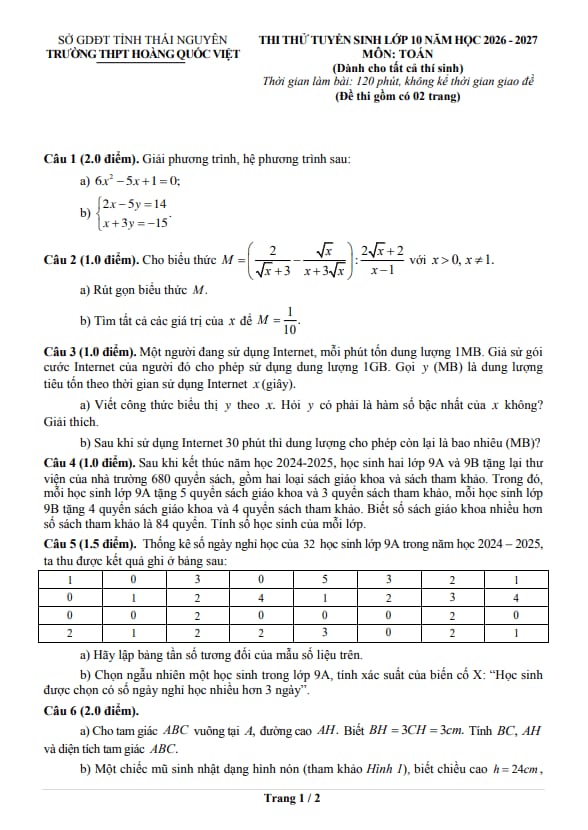 đề thi thử toán vào lớp 10 năm 2026 – 2027 trường thpt hoàng quốc việt – thái nguyên