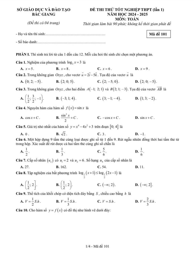 đề thi thử tốt nghiệp thpt 2025 lần 1 môn toán sở gd&đt bắc giang