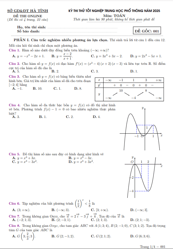 đề thi thử tốt nghiệp thpt 2025 môn toán sở gd&đt hà tĩnh (online)
