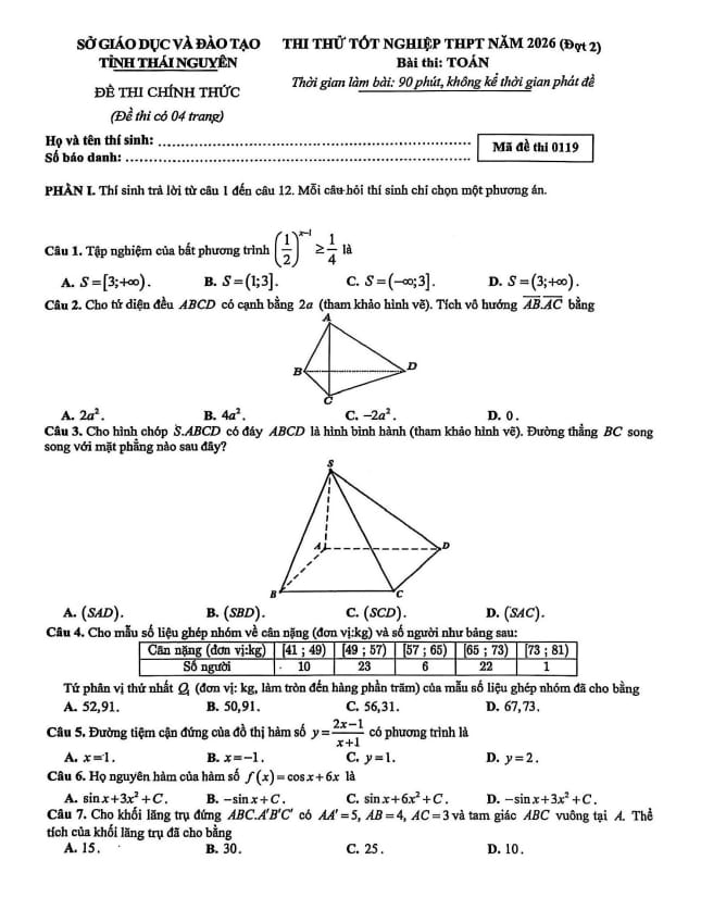 đề thi thử tốt nghiệp thpt 2026 môn toán đợt 2 sở gd&đt thái nguyên