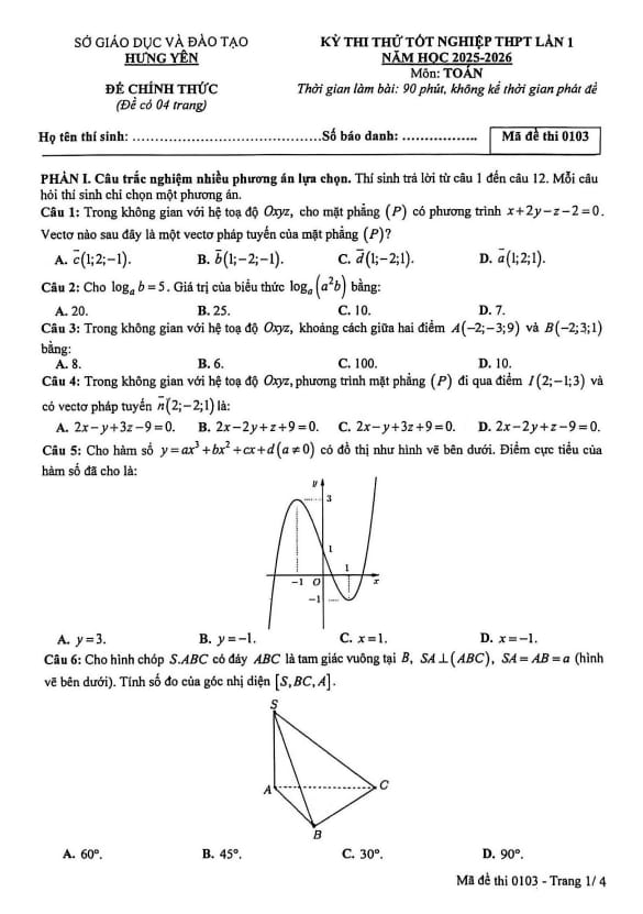 đề thi thử tốt nghiệp thpt 2026 môn toán lần 1 sở gd&đt hưng yên