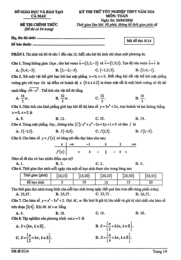 đề thi thử tốt nghiệp thpt năm 2026 môn toán sở gd&đt cà mau