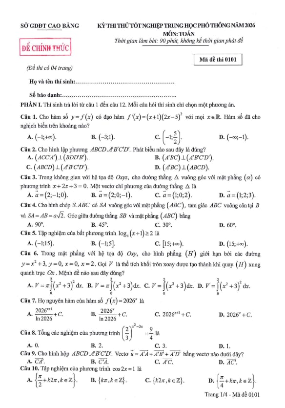 đề thi thử tốt nghiệp thpt năm 2026 môn toán sở gd&đt cao bằng