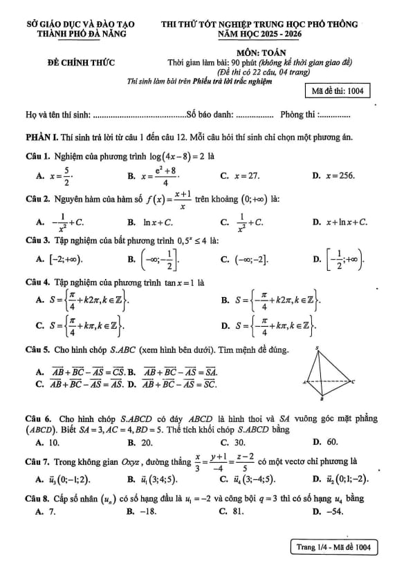đề thi thử tốt nghiệp thpt năm 2026 môn toán sở gd&đt đà nẵng