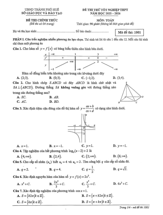 đề thi thử tốt nghiệp thpt năm 2026 môn toán sở gd&đt huế