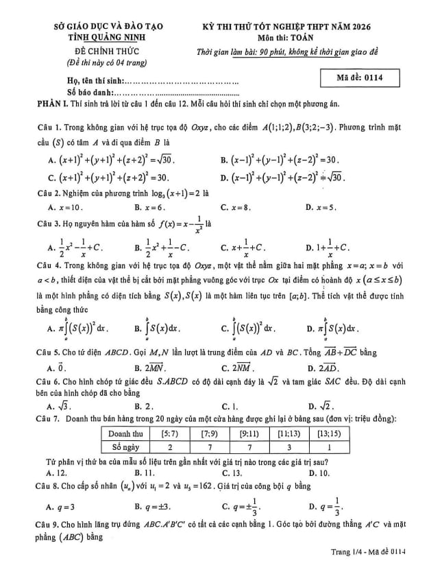 đề thi thử tốt nghiệp thpt năm 2026 môn toán sở gd&đt quảng ninh