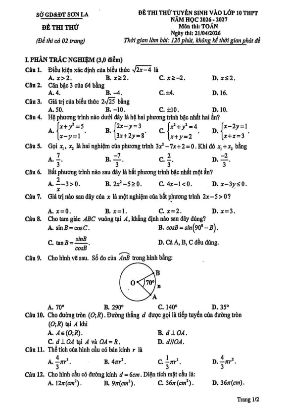 đề thi thử tuyển sinh lớp 10 môn toán năm 2026 – 2027 sở gd&đt sơn la