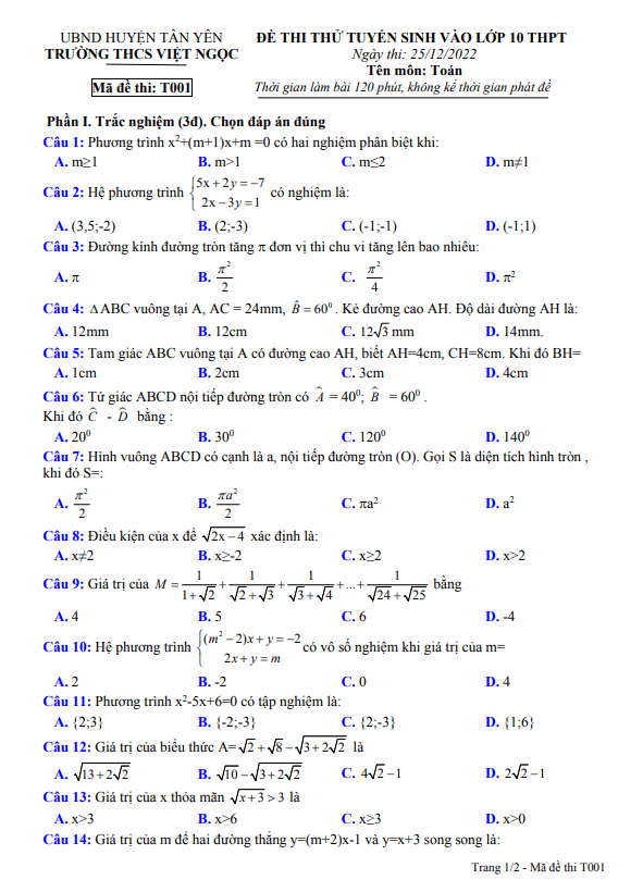 đề thi thử vào 10 môn toán năm 2023 trường thcs việt ngọc – bắc giang