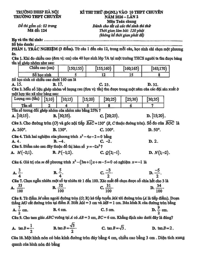 đề thi thử vào lớp 10 môn toán (chung) năm 2026 lần 2 trường chuyên đhsp hà nội