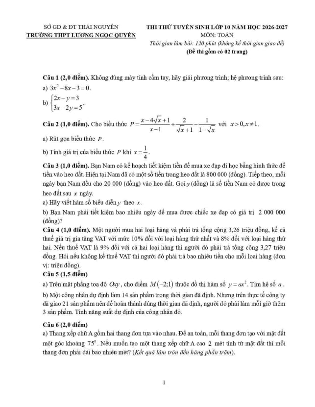 đề thi thử vào lớp 10 môn toán năm 2026 – 2027 trường lương ngọc quyến – thái nguyên
