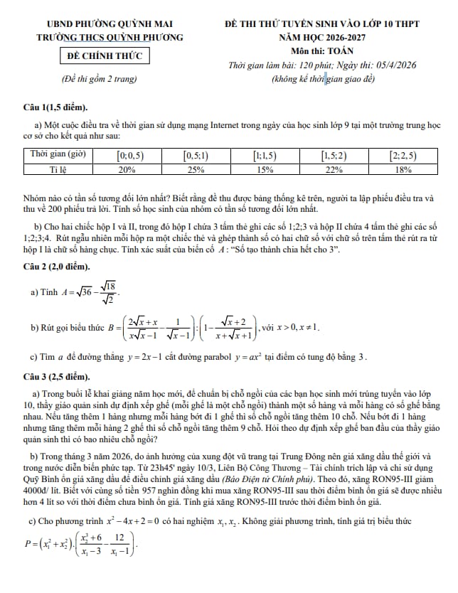 đề thi thử vào lớp 10 môn toán năm 2026 – 2027 trường thcs quỳnh phương – nghệ an