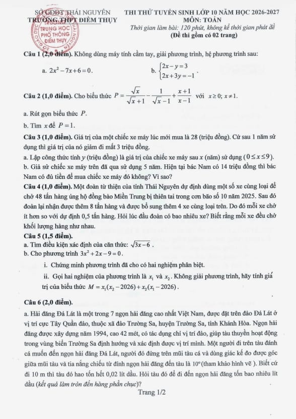 đề thi thử vào lớp 10 môn toán năm 2026 – 2027 trường thpt điềm thụy – thái nguyên