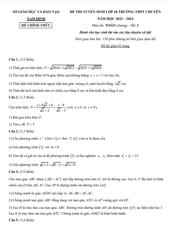 đề thi vào 10 chuyên môn toán (chung – xh) năm 2023 – 2024 sở gd&đt nam định