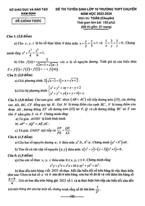 đề thi vào 10 chuyên môn toán (chuyên) năm 2023 – 2024 sở gd&đt nam định