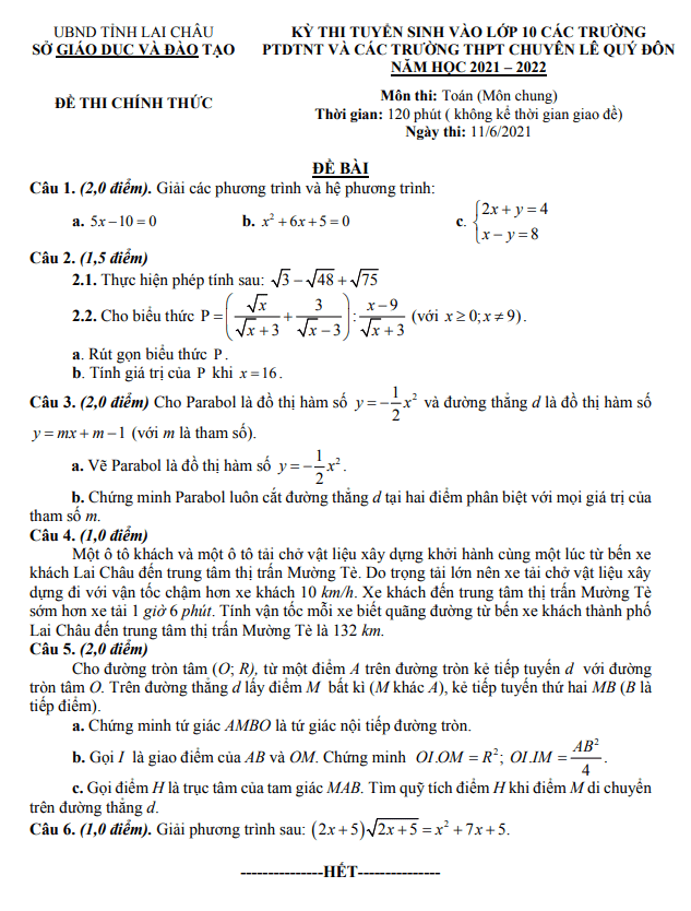 đề thi vào 10 môn toán (chung) năm 2021 – 2022 trường chuyên lê quý đôn – lai châu