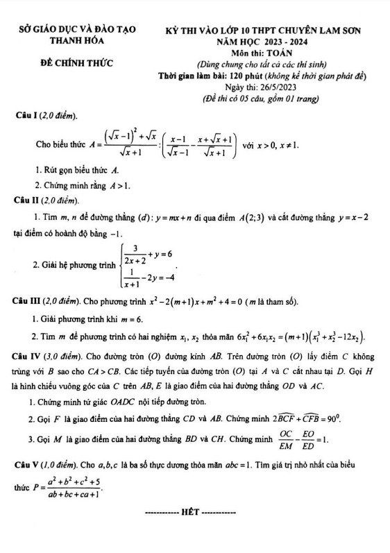 đề thi vào 10 môn toán (chung) năm 2023 – 2024 trường chuyên lam sơn – thanh hóa