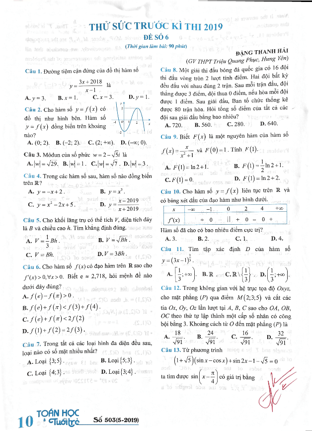 đề thử sức trước kỳ thi thptqg 2019 môn toán – toán học tuổi trẻ (đề số 6)