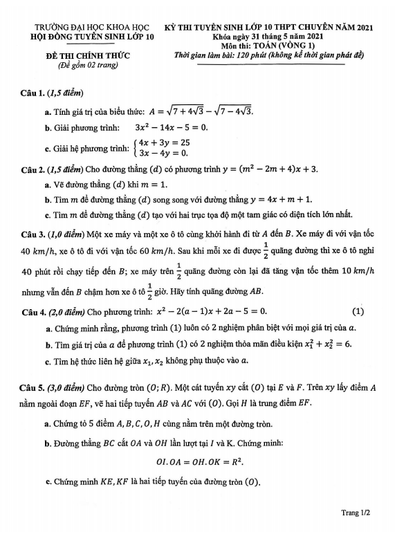 đề toán thi vào 10 chuyên năm 2021 trường đại học khoa học huế (vòng 1)