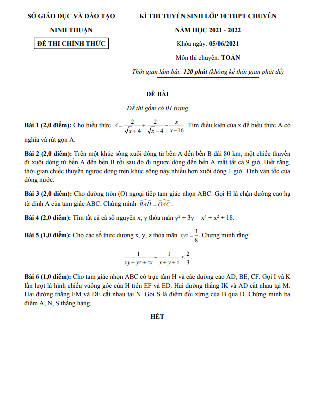 đề tuyển sinh lớp 10 chuyên môn toán năm 2021 – 2022 sở gd&đt ninh thuận