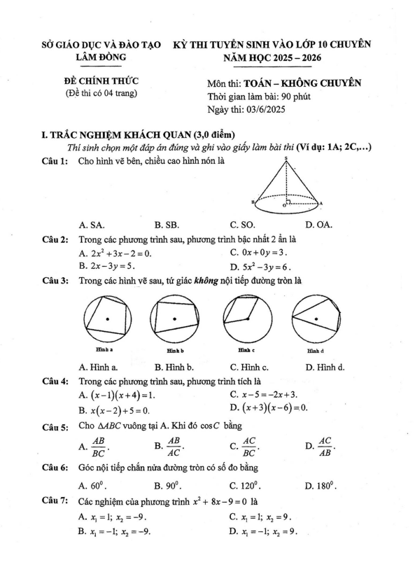 đề tuyển sinh lớp 10 chuyên môn toán năm 2025 – 2026 sở gd&đt lâm đồng
