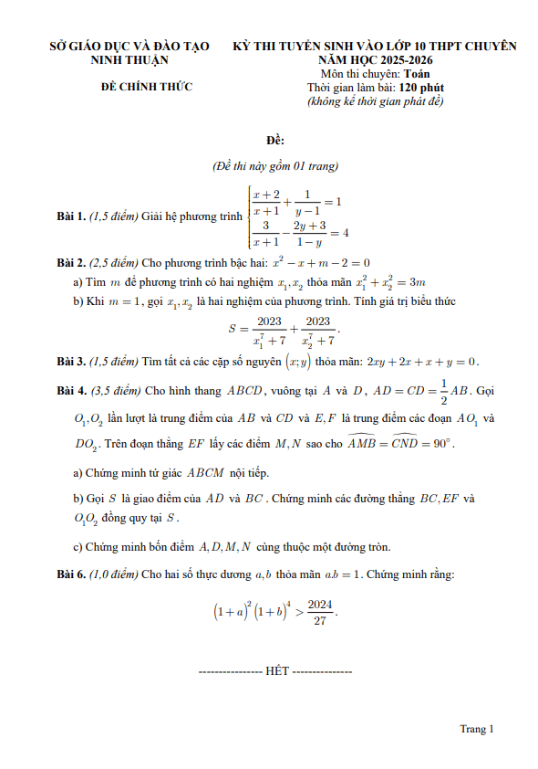 đề tuyển sinh lớp 10 chuyên môn toán năm 2025 – 2026 sở gd&đt ninh thuận