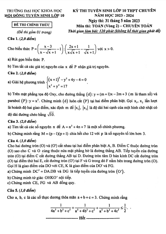 đề tuyển sinh lớp 10 chuyên môn toán (vòng 2) năm 2023 – 2024 trường đhkh huế