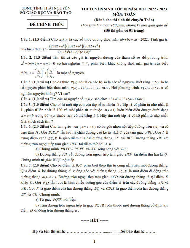 đề tuyển sinh lớp 10 môn toán (chuyên) năm 2022 – 2023 sở gd&đt thái nguyên