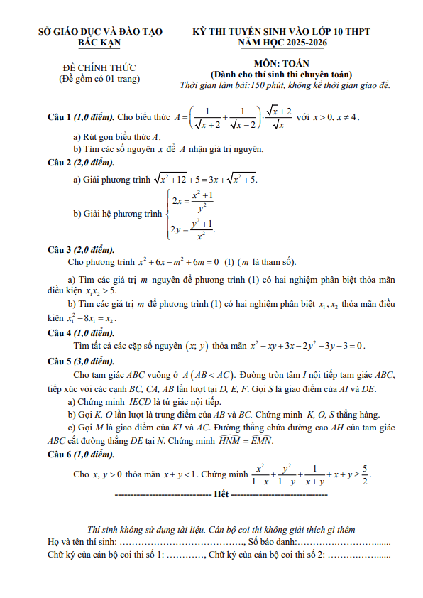đề tuyển sinh lớp 10 môn toán (chuyên) năm 2025 – 2026 sở gd&đt bắc kạn