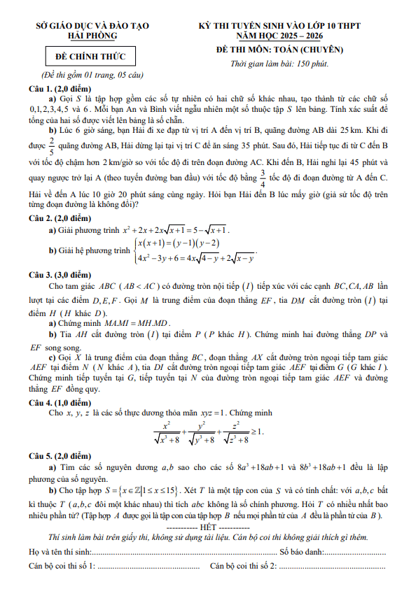 đề tuyển sinh lớp 10 môn toán (chuyên) năm 2025 – 2026 sở gd&đt hải phòng