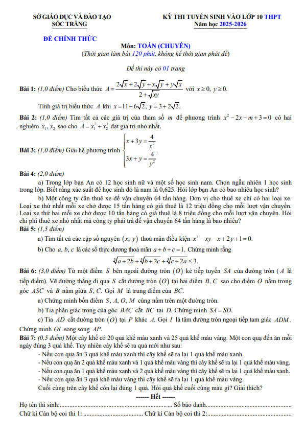 đề tuyển sinh lớp 10 môn toán (chuyên) năm 2025 – 2026 sở gd&đt sóc trăng