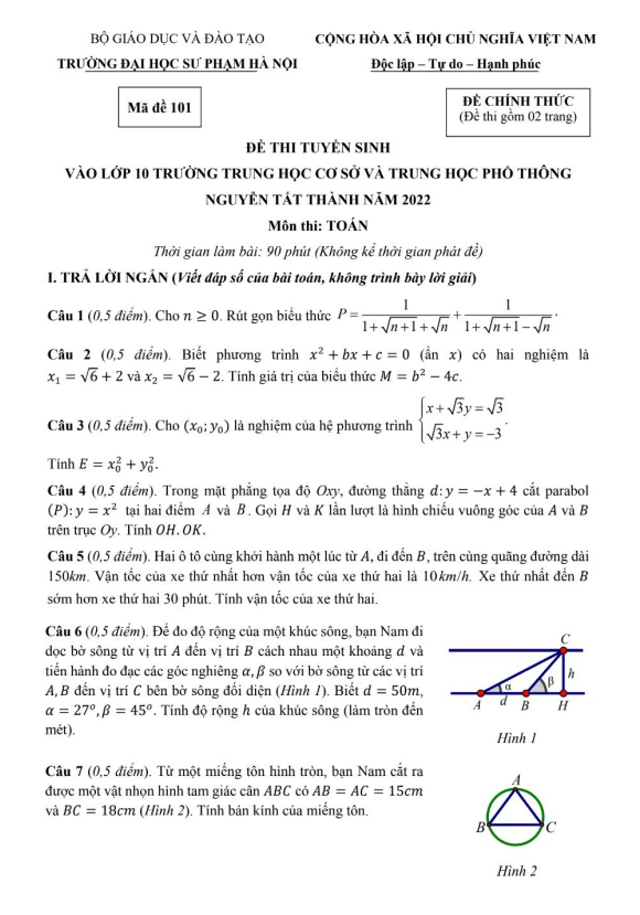 đề tuyển sinh lớp 10 môn toán năm 2022 trường nguyễn tất thành – hà nội