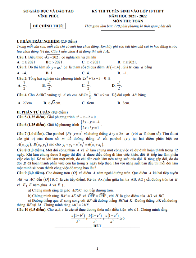 đề tuyển sinh vào lớp 10 môn toán năm 2021 – 2022 sở gd&đt vĩnh phúc