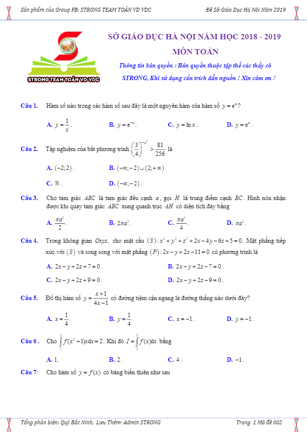 hướng dẫn giải đề thi thử thptqg 2019 môn toán sở gd&đt hà nội