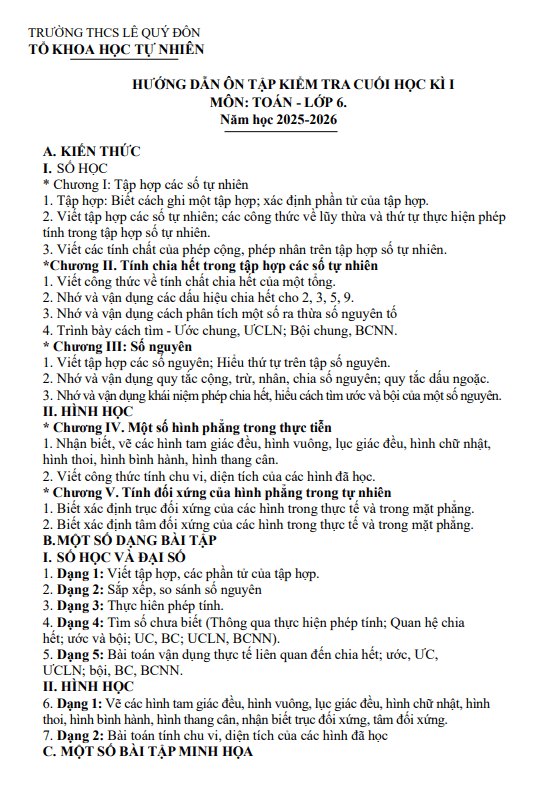 Tài liệu ôn tập cuối học kì 1 toán 6 năm 2025 – 2026 trường thcs lê quý đôn – phú thọ